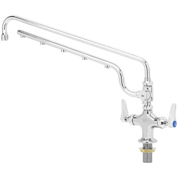 A chrome T&S deck-mount faucet with a swing nozzle and sprayer arm.