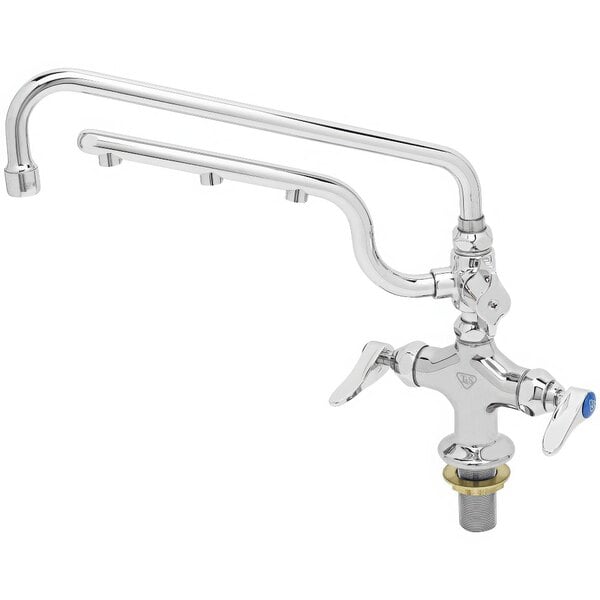 A silver T&S deck-mount faucet with a 12" swing nozzle and 10" sprayer arm.