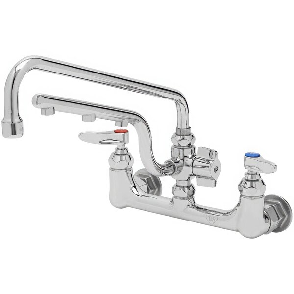 A T&S chrome wall mount faucet with two handles and a swing nozzle.