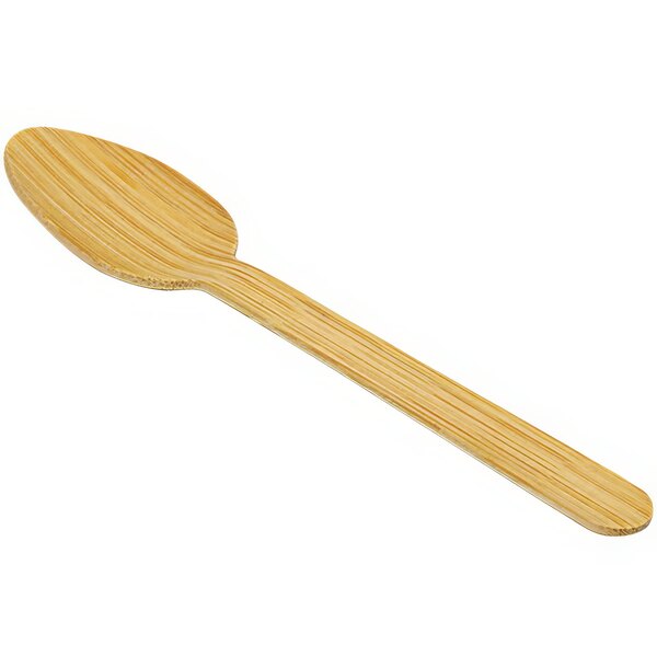 A close-up of a Solia natural bamboo little spoon with a handle.