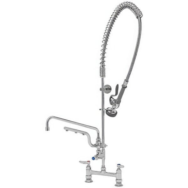 A T&S chrome deck mount pre-rinse faucet with a 12" swing nozzle and 10" sprayer arm.