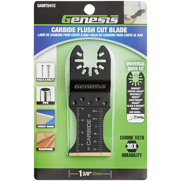 A black and silver package for a Genesis 1 3/8" Universal Quick-Fit Carbide Flush Cut Blade.
