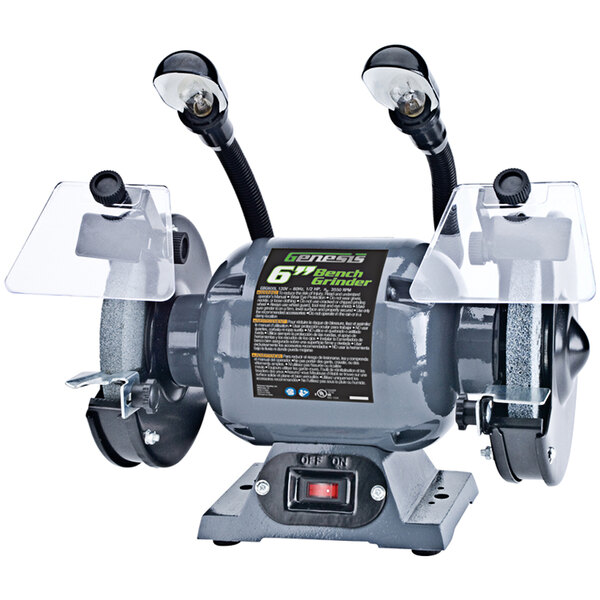 A grey Genesis bench grinder with clear plastic eye shields and two lights.