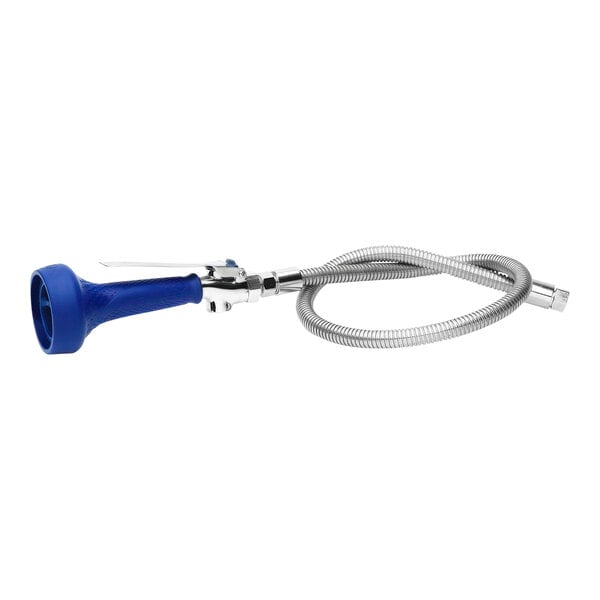 A flexible stainless steel hose with a blue handle.