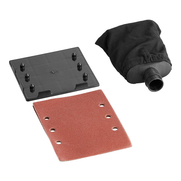 A black Genesis 1/4 sheet palm sander with a black dust bag and a black sandpaper cover.