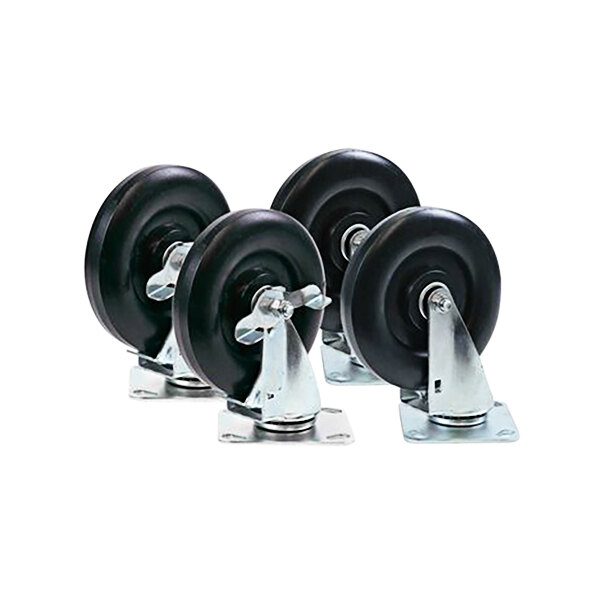 A row of black Portacool caster wheels.