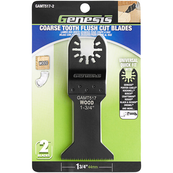 A black Genesis Universal Quick-Fit Coarse Tooth Flush Cut Blade package.