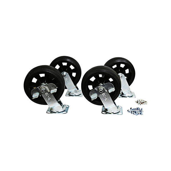 A group of Portacool black wheels with metal parts.
