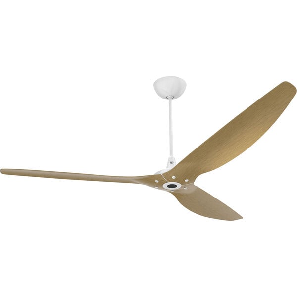 A white Big Ass Fans Haiku ceiling fan with wooden blades.