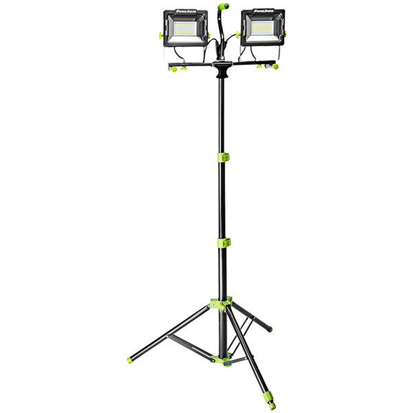A PowerSmith dual-head LED work light on a green and black tripod.