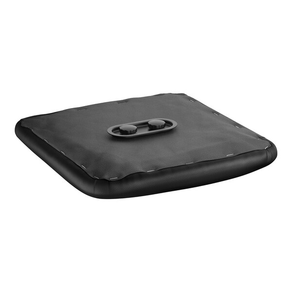 A black square cushion with a black button.
