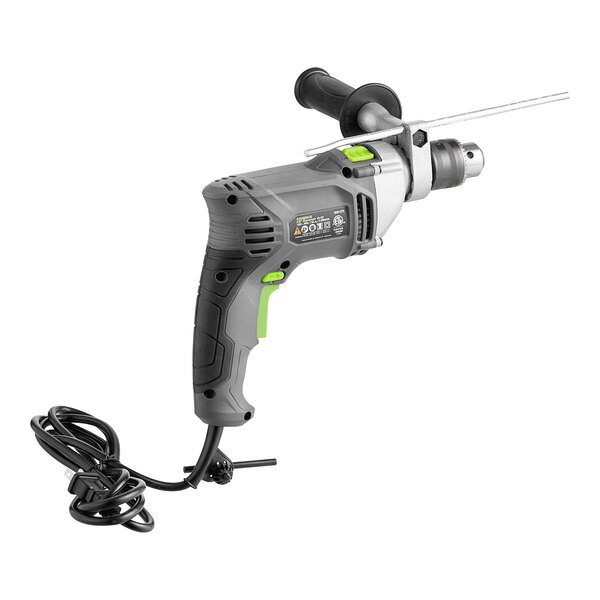 A close up of a Genesis corded hammer drill with a green handle.