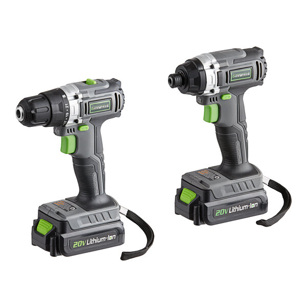 A couple of Genesis 20V Lithium-Ion Cordless Variable Speed Drills with green and black handles.