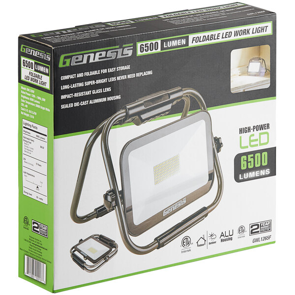 The box for a Genesis 6,500 Lumen Foldable LED Work Light with a rotatable lamp head.