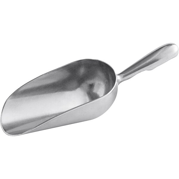 A silver aluminum scoop with a handle.