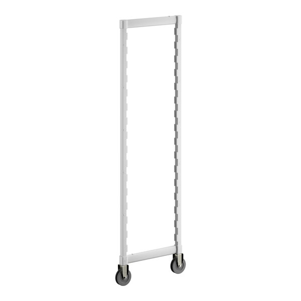 A white mobile post kit for Cambro Camshelving with black wheels.
