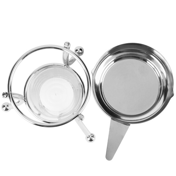 A silver Thunder Group butter melter pot and pan.