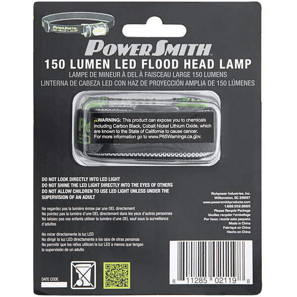 A package of a PowerSmith LED flood head lamp with black and white text on a white background.
