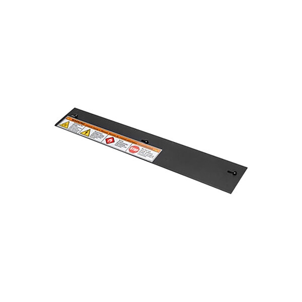 A black rectangular metal flap with a white label and yellow writing.