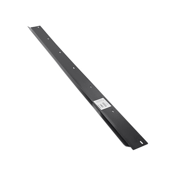 A black metal bar with two holes and a white label.