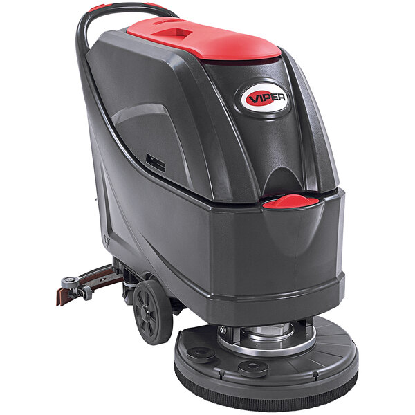 A black Viper walk behind floor scrubber with wheels.