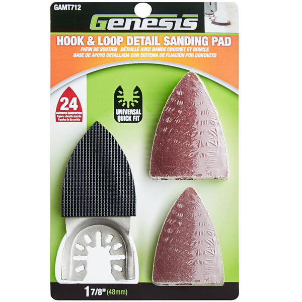 A package of Genesis hook and loop detail sanding pads with a black rubber pad and red sandpaper.