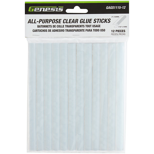 A white package of Genesis All Purpose clear glue sticks with a gold label.