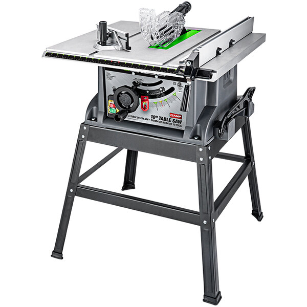 A Genesis table saw with a circular blade.