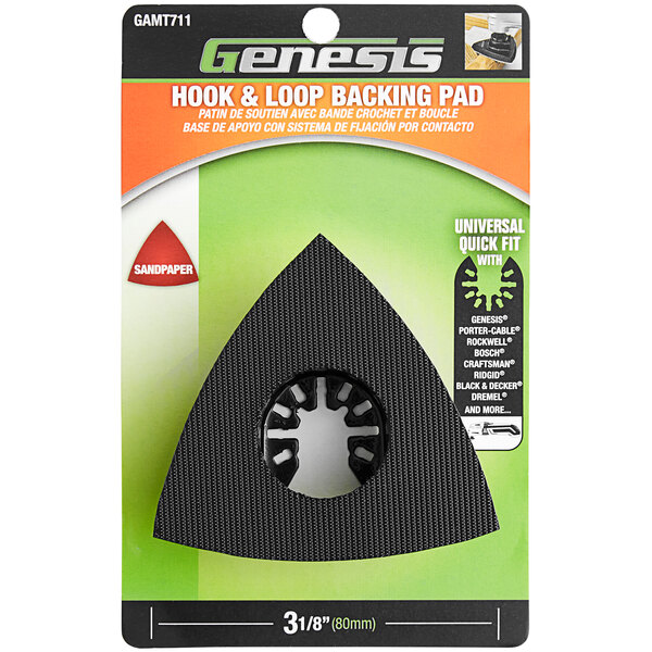A white circular package with a black triangle shaped Genesis hook and loop backing pad inside.
