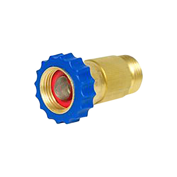 A Portacool brass pressure regulator with blue and gold fittings.