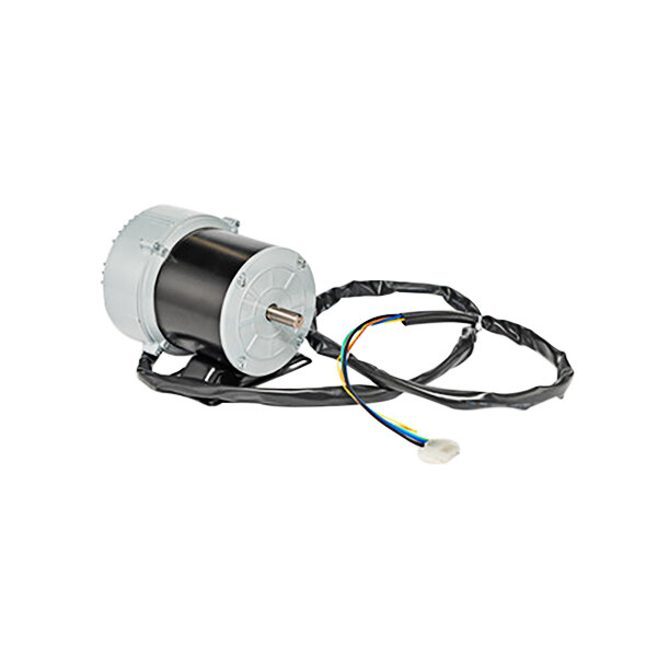 A black and white electric motor with wires and a cord.