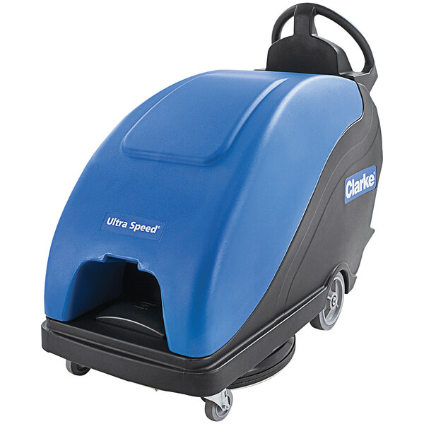 A blue and black Clarke ULTRA SPEED 20T floor burnisher with wheels.
