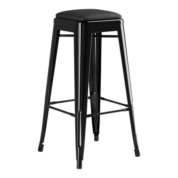 A Lancaster Table & Seating black bar stool with a black cushion.