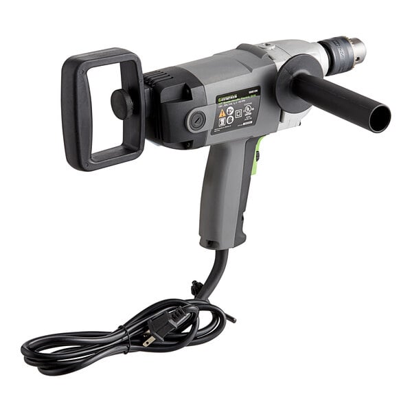 A close-up of a Genesis 1/2" variable speed electric drill with a cord attached.