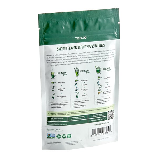 A white and green bag of Tenzo Premium Matcha Green Tea Powder with instructions.
