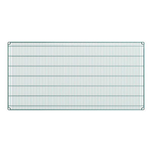 A rectangular green wire shelf with a grid pattern and four corner mounting holes, measuring 36 inches by 72 inches.