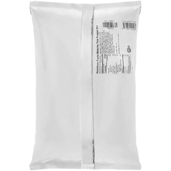 A white plastic bag of The Frozen Bean Matcha Green Tea Bubble Tea/Frappe Mix with a black label.