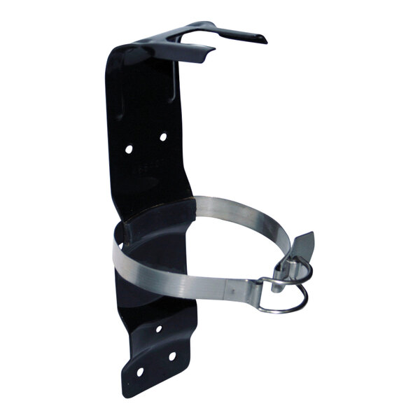 A black metal Badger single-strap vehicle bracket with a silver metal band and a hook.