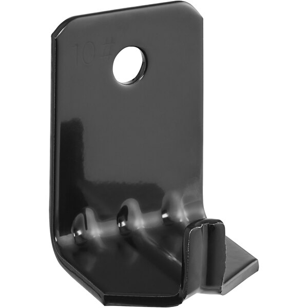 A black metal wall bracket with a hook and a hole.