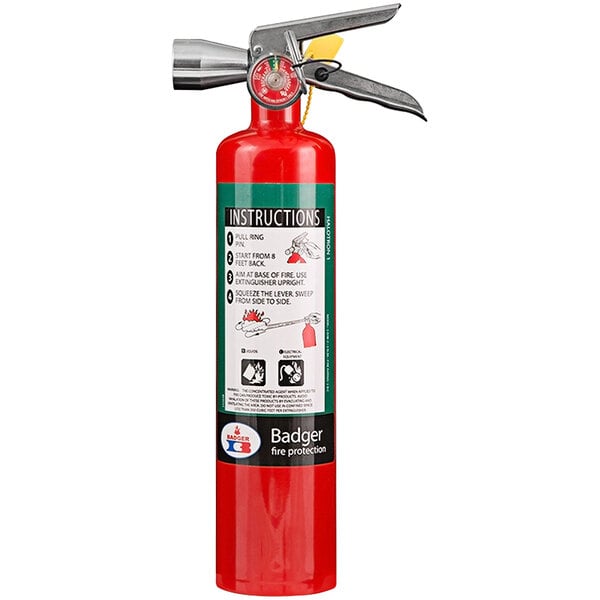 A red Badger fire extinguisher with a label.