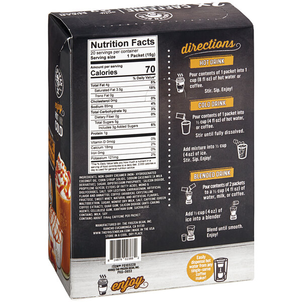 A white box of The Frozen Bean Single Serve Double Shot Caramel Macchiato Blended Ice Coffee Mix with nutrition facts.