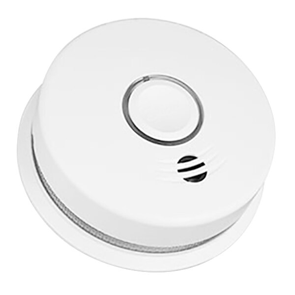 A Kidde white smoke detector with a round white surface