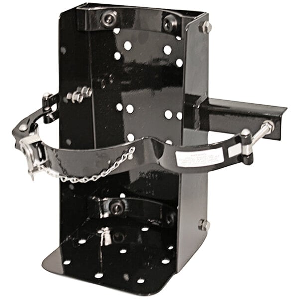 A close-up of a black metal Badger box bracket with holes.