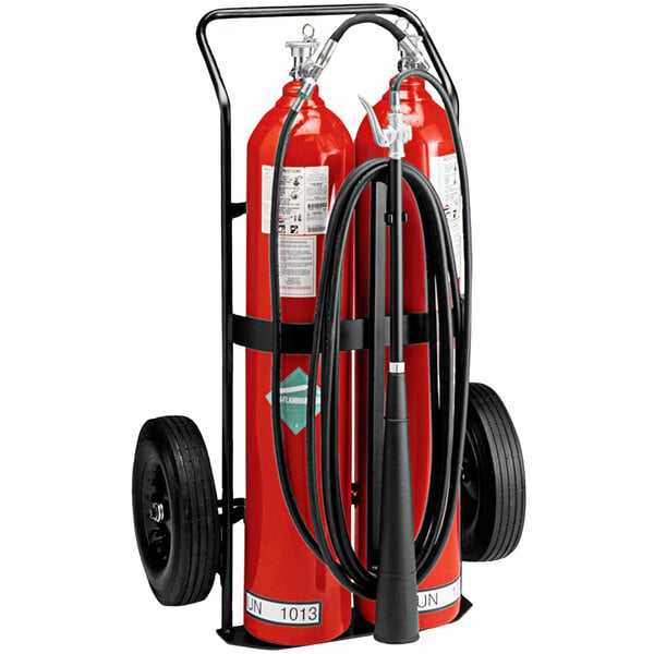 A red Badger fire extinguisher on a cart.