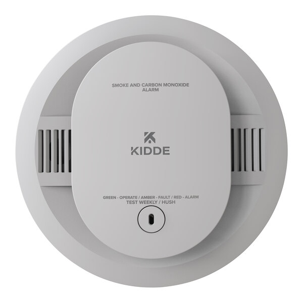 A white Kidde smoke and carbon monoxide detector with a keyhole.