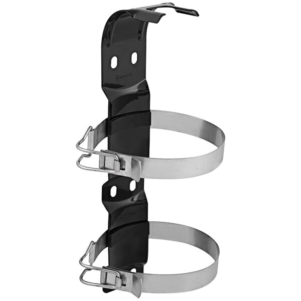 A black and silver metal Badger vehicle bracket with two hooks.