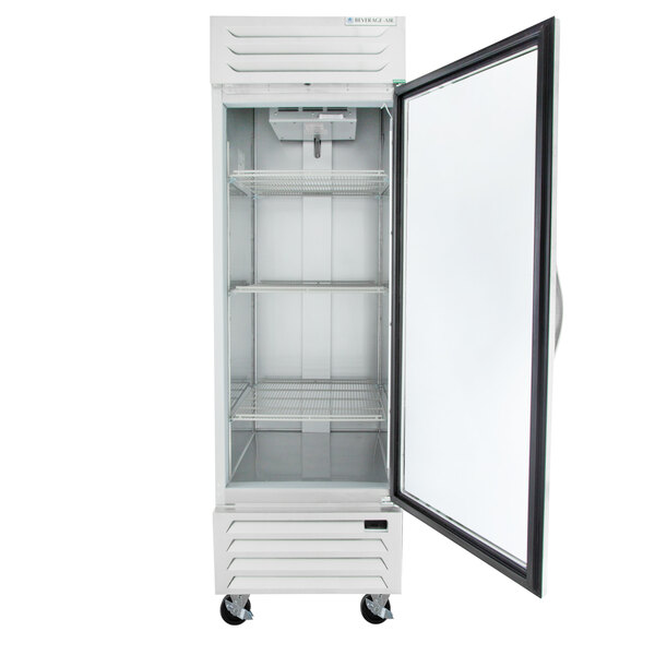 A white Beverage-Air reach-in refrigerator with a glass door open.