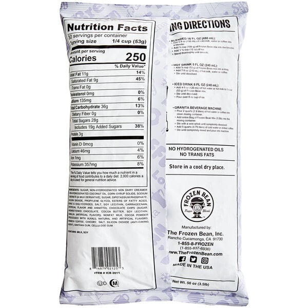 A white bag of The Frozen Bean Java Chip Blended Ice Coffee Mix with nutrition information and images of coffee beans.