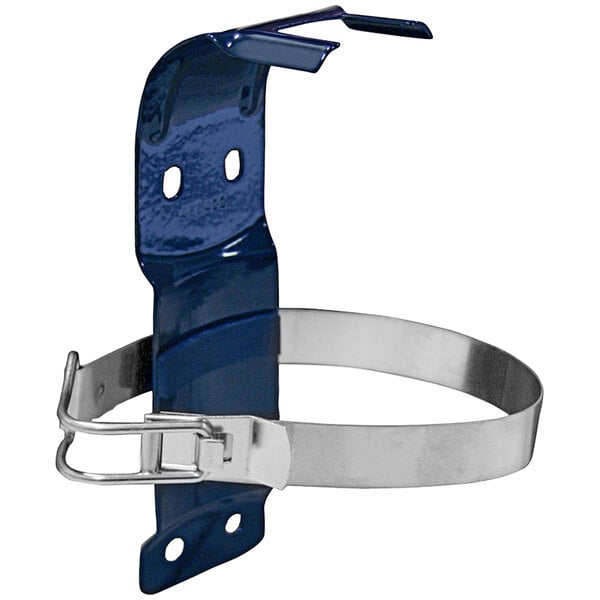 A close-up of a metal strap with a blue metal hook and silver band.