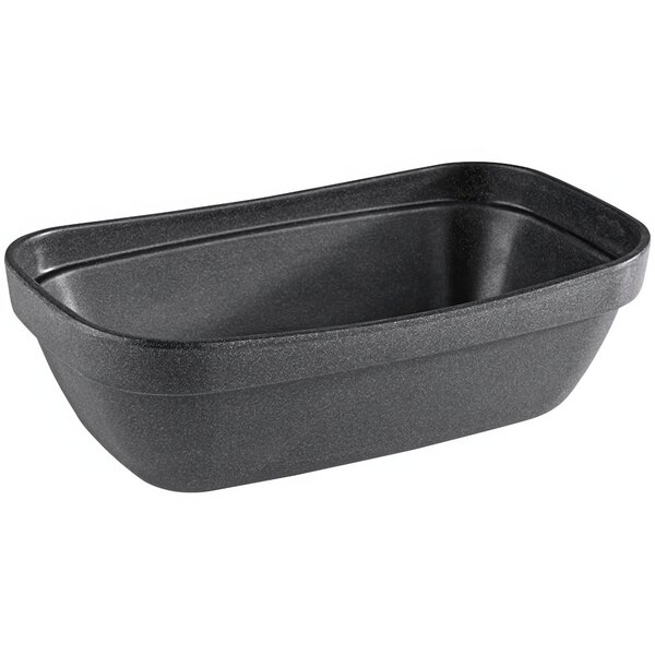 A case of 6 black rectangular APS melamine bowls with a white interior.